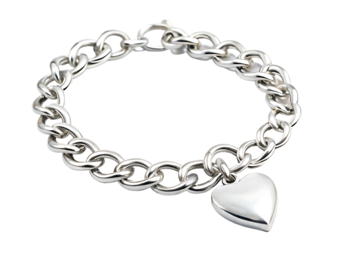  Silver chain bracelet with a heart charm isolated on white background, PNG