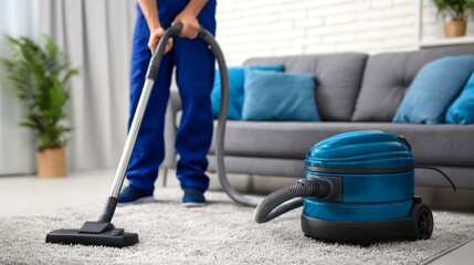 Fototapeta premium Male professional cleaning carpet with vacuum cleaner in modern living room space while maintaining cleanliness