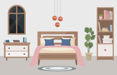 Warm and cozy bedroom with a comfortable bed, soft light lamp, window, bookshelf and indoor plant. Interior concept. Ideal for websites, social media posts, blogs and interior design projects.
