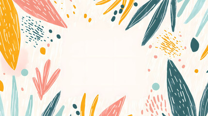 Abstract Floral Frame with Pastel Pink Orange Teal and Yellow Leaves