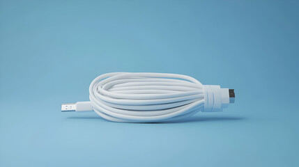 Tangled USB cable on a solid blue background offers a clean tech aesthetic