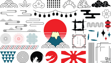 Asian design element set. Vector decorative collection of patterns, lanterns, flowers , clouds, ornaments in chinese and japanese style