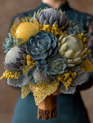 Close-up of a floral bouquet featuring blue succulents, proteas, and yellow blooms, held against a dark teal dress—evoking calmness and organic symmetry.