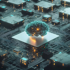 Abstract Digital Brain on Circuit Board, glowing teal and orange, high tech network concept
