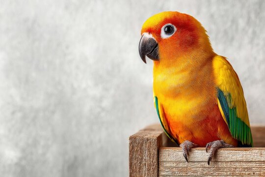 A vibrant sun conure parrot perched on a wooden box, showcasing its colorful plumage and captivating gaze against a soft, neutral background in a studio setting.