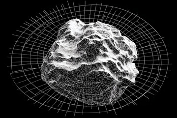 Abstract 3D Model White Geometric Form on Black Grid Background