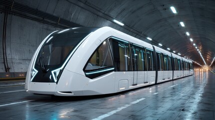 Futuristic transportation pod floating in clean tunnel urban environment rendering perspective