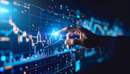 A 3D hand points to a glowing investment diagram, surrounded by virtual financial data and a metaverse trading interface