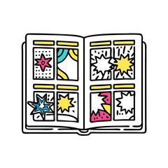 Open Comic Book with Colorful Panels and Starburst Designs