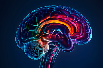 Abstract Colorful Human Brain Digital 3D Model, Network Connections, Glowing Pixels on Dark Background