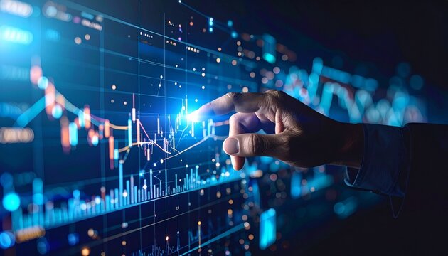 A 3D hand points to a glowing investment diagram, surrounded by virtual financial data and a metaverse trading interface