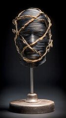 Abstract Black and Gold Metal Mask Sculpture on Stand
