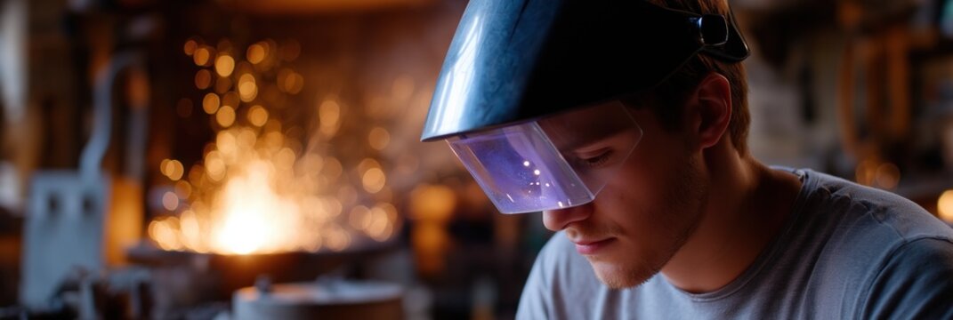 Young caucasian male blacksmith focused on work in forge with sparks