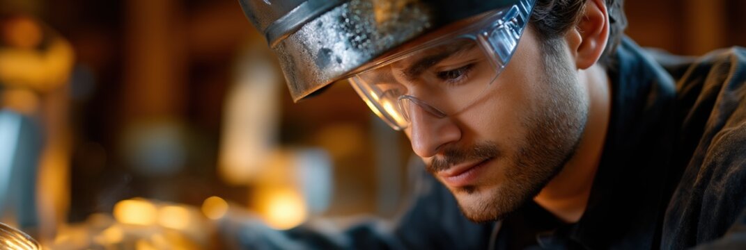 Young caucasian male welders, focused work, industrial setting, safety gear, concentration - Powered by Adobe