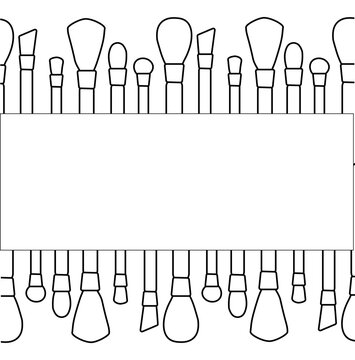 Makeup brushes Makeup tools seamless border horizontal frame template. Vector graphic line illustration. Black and white cosmetic makeup art. for package, cosmetic design, fabric and textile.