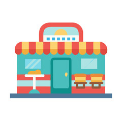 Charming Retro Diner Restaurant Building with Outdoor Seating and Striped Awning