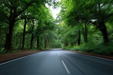Obraz premium Scenic forest road with lush green trees and motion blur effect
