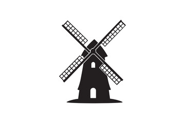 Windmill silhouette vector art illustration on white background