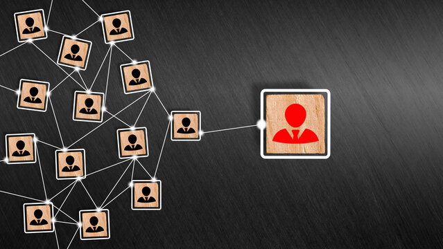 Team members or employees follow the leader. Business management team interaction and communication. Distribution of responsibilities and assignments.