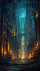 Fototapeta premium Echoes of the Bioluminal City. Generative AI 