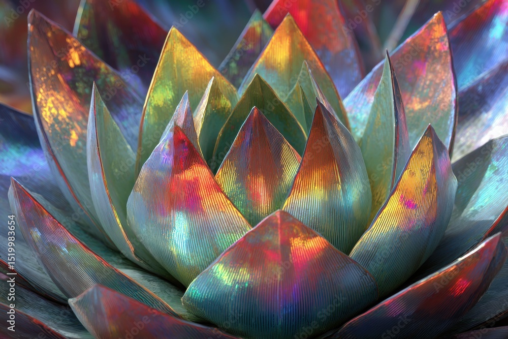 Poster close up detail of an alien looking succulent with iridescent coloration and spiky shapes with a uni