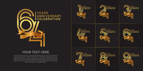 Anniversary logo type set with double line number. golden color with gold ribbon for celebration event