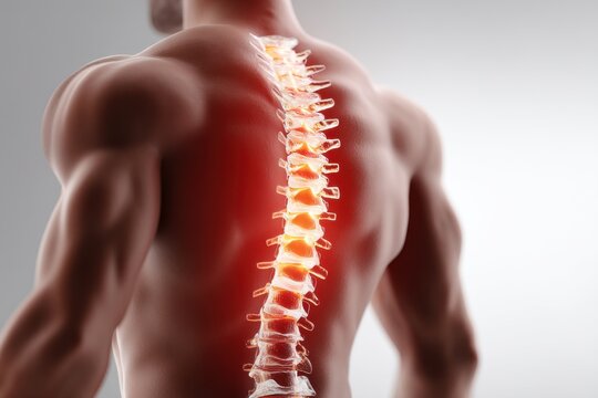 A detailed anatomical rendering of the human back, focusing on the spine with pain highlighting the spinal column and surrounding muscles for medical visualization.