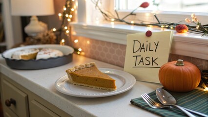 Slice of pumpkin pie on plate beside note and autumn decorations  