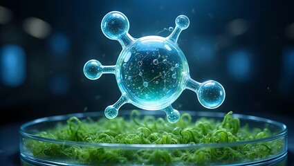 Blue spheres of DNA technology illustrate the essence of life and medical science