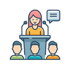 Woman Speaker Giving Presentation to Audience at Podium with Microphones