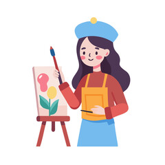 A Young Artist Painting a Flower on an Easel a Colorful and Creative Scene