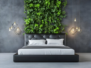 A contemporary bedroom with a black leather bed, geometric light fixtures, and a modern touch of greenery