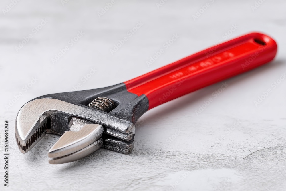 Poster close-up studio shot showcases an adjustable wrench with a red handle against a textured white surfa