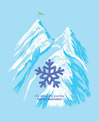 Illustration of snowy peaks with climbing route. Art in a graphic and stripped-down style.