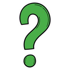Hand drawn cartoon green question mark on white background.