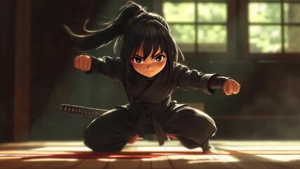 Anime style fierce ninja girl in black suit training in dojo, ready to fight stance
