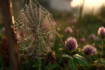 Delicate spiderweb glistening with dew drops alongside pink clover flowers in a field at dawn, illuminated by soft, warm sunlight creating a tranquil, serene scene.
