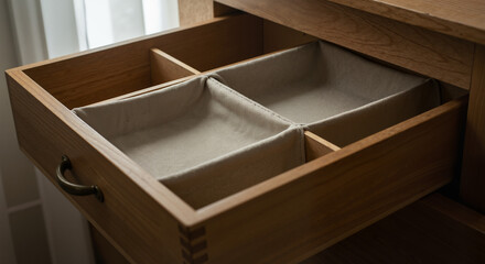 Empty wooden drawer with fabric organizer compartments on a light background