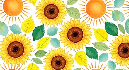 Vibrant Sunflower Garden: Watercolor Suns, Leaves, Seamless Pattern on White Background in Cheerful Style for Fabric, Wallpaper, and Design Projects.