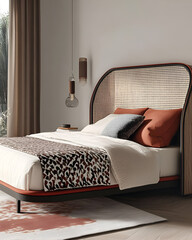 A contemporary bedroom with a custom bed frame, unique headboard design, and a mixture of bold and neutral accents