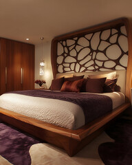A contemporary bedroom with a custom bed frame, unique headboard design, and a mixture of bold and neutral accents