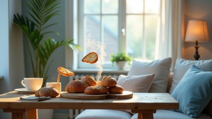 Warm, golden-brown bread rolls and slices levitate in a sunlit room, creating a magical, cozy breakfast scene on a rustic wooden table next to a comfortable sofa