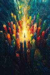 Fototapeta premium individuals from around the world, each holding a candle of different colors, standing in unity around a central flame