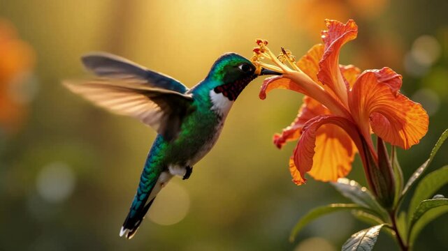 A hummingbird is perched on a flower, drinking nectar