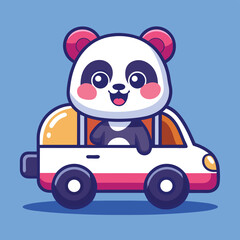 Fototapeta premium Cute Panda Riding Car Cartoon Vector Illustration – Animal and Transportation Icon in Flat Style 