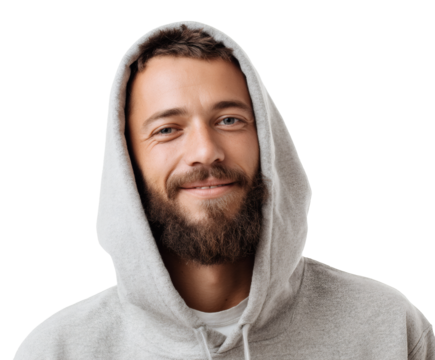 Portrait of a smiling man with a beard in a gray hoodie