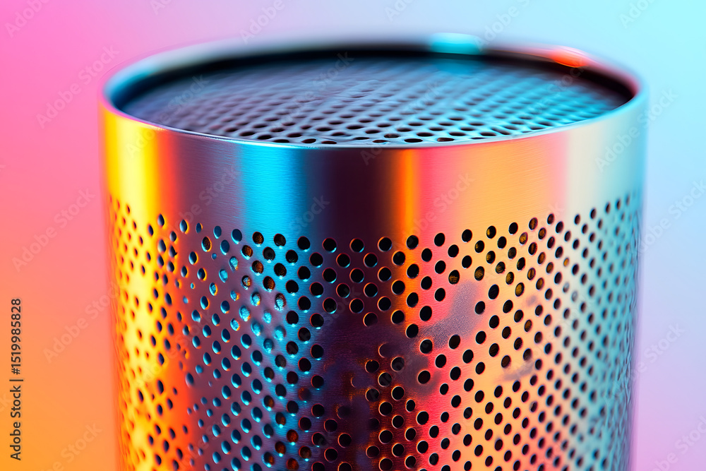 Poster a close-up studio shot of a shiny, silver metal cylinder with circular patterns, showcasing its smoo