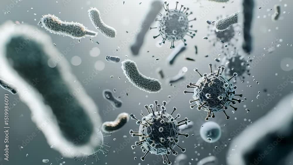 Poster microscopic view of bacteria and viruses floating in a fluid