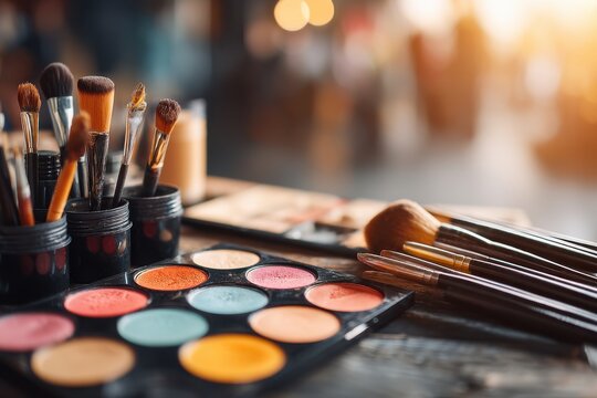 Close-up of professional makeup brushes and palette on a wooden table, showcasing vibrant color options and the essential tools for beauty and personal care application.