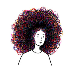 Colorful Messy Curly Hair Woman Cartoon Illustration